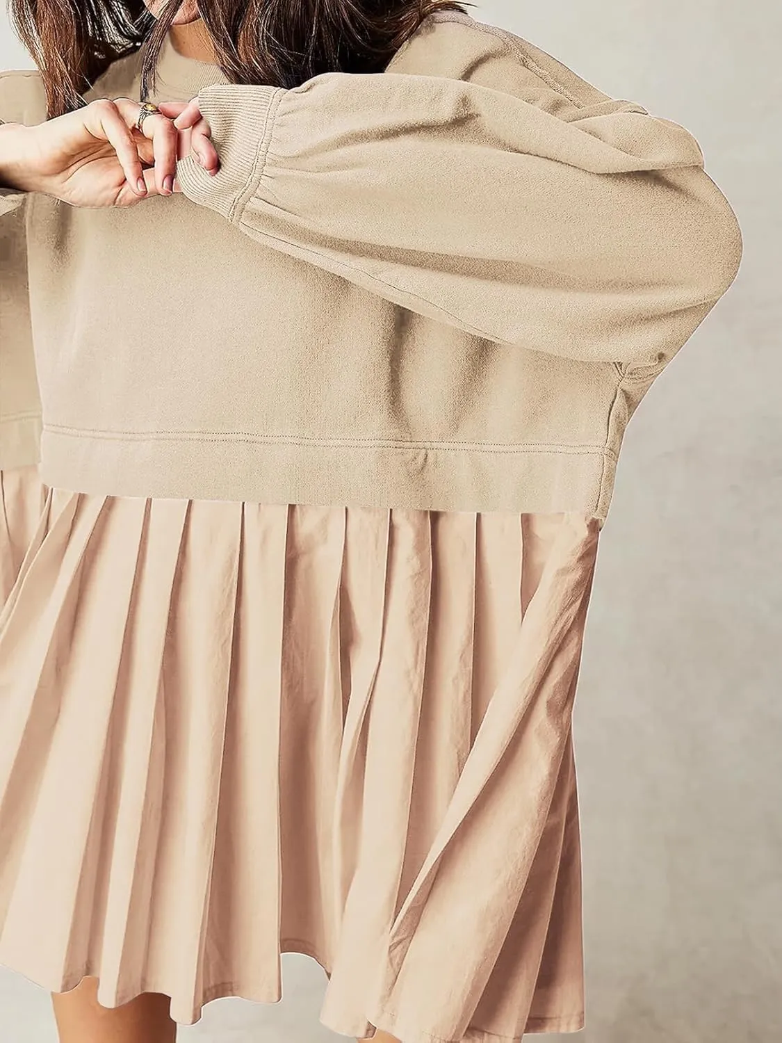 Dokuritu Sweatshirt Dress Women Crew Neck Long Sleeve Patchwork Pullover Tops Flowy Oversized Sweatshirt Mini Dress
