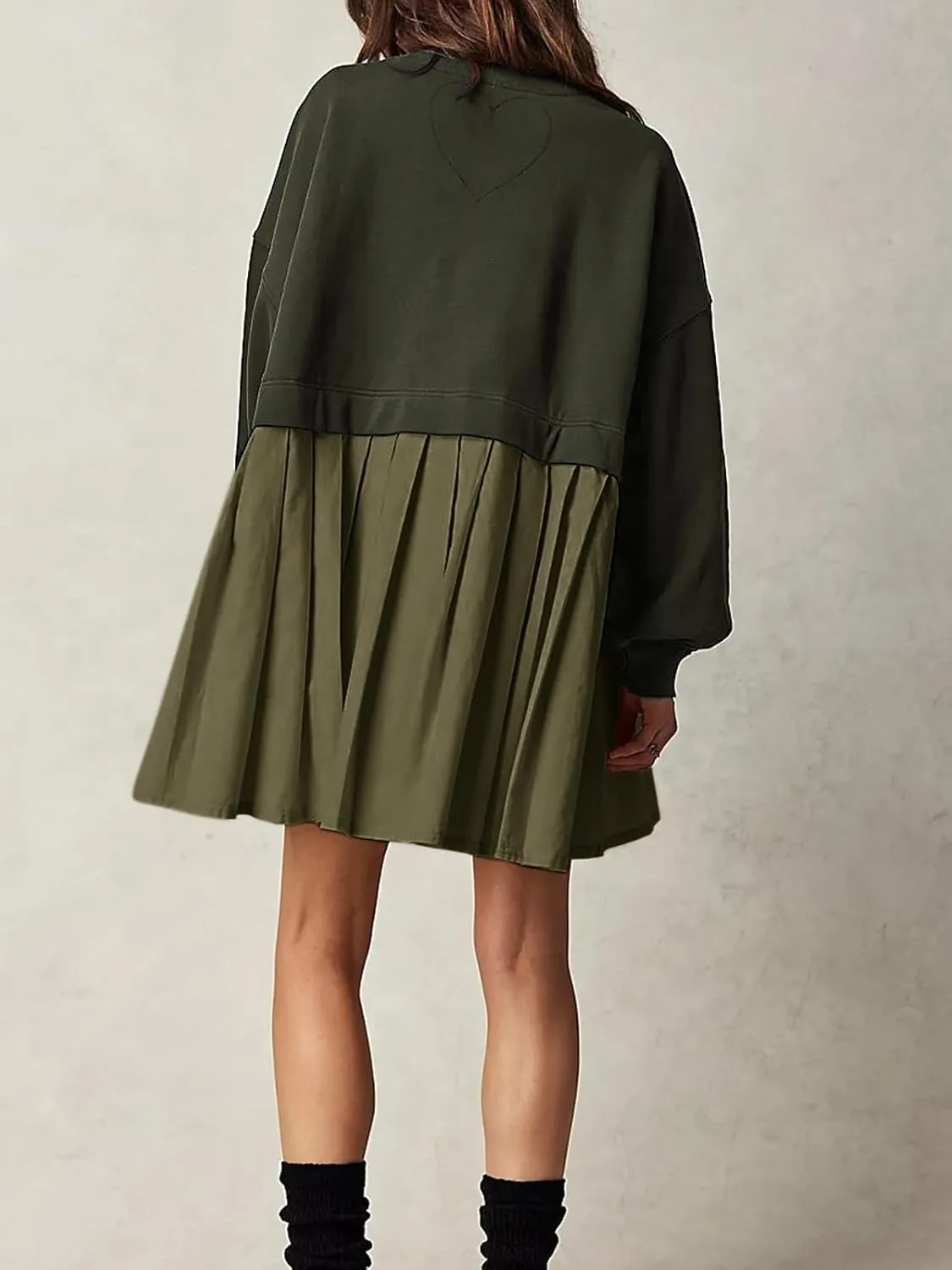 Dokuritu Sweatshirt Dress Women Crew Neck Long Sleeve Patchwork Pullover Tops Flowy Oversized Sweatshirt Mini Dress