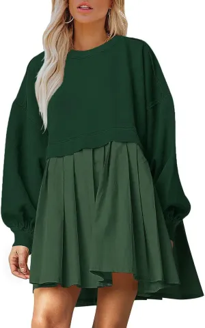 Dokuritu Sweatshirt Dress Women Crew Neck Long Sleeve Patchwork Pullover Tops Flowy Oversized Sweatshirt Mini Dress