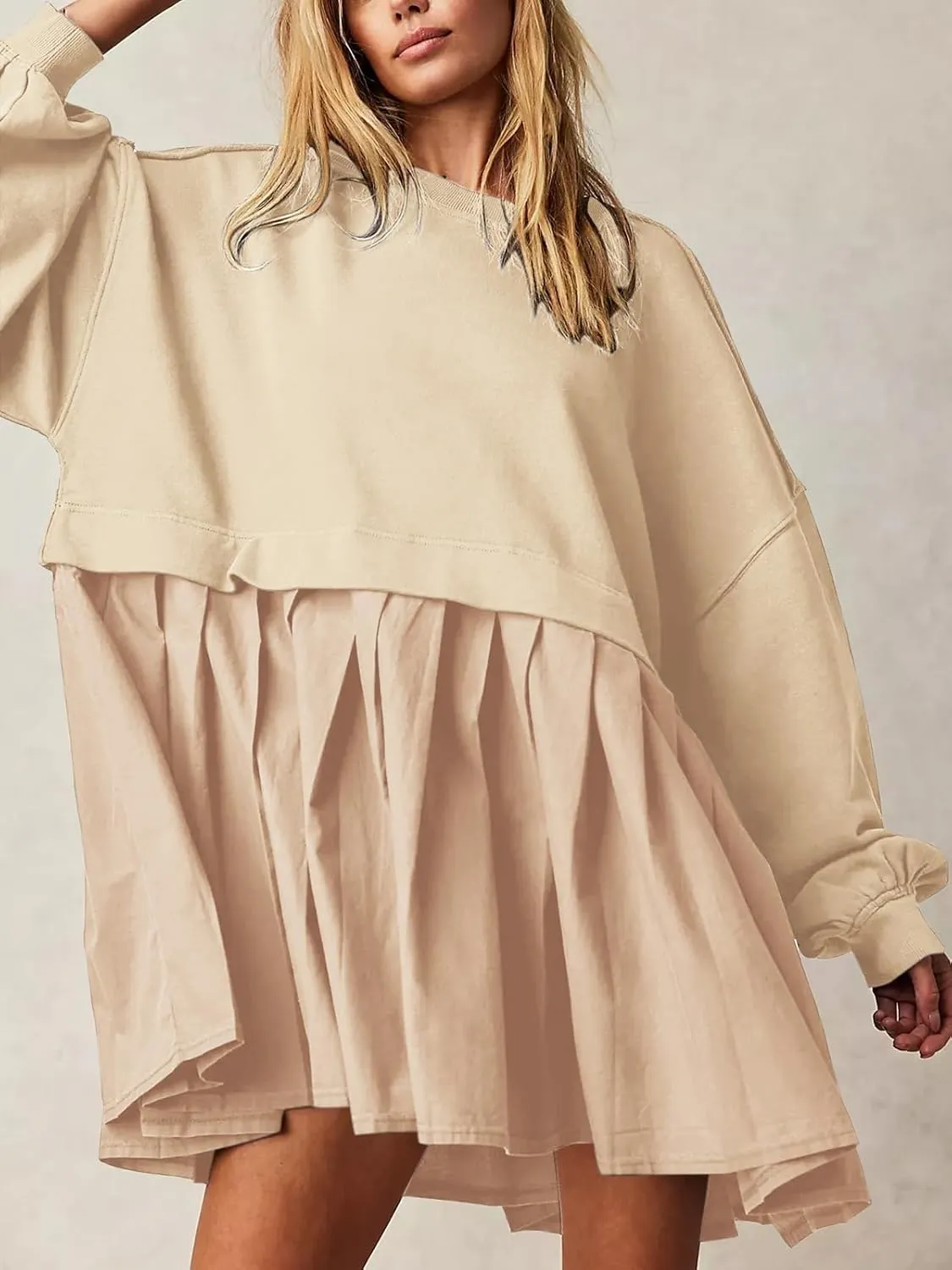 Dokuritu Sweatshirt Dress Women Crew Neck Long Sleeve Patchwork Pullover Tops Flowy Oversized Sweatshirt Mini Dress