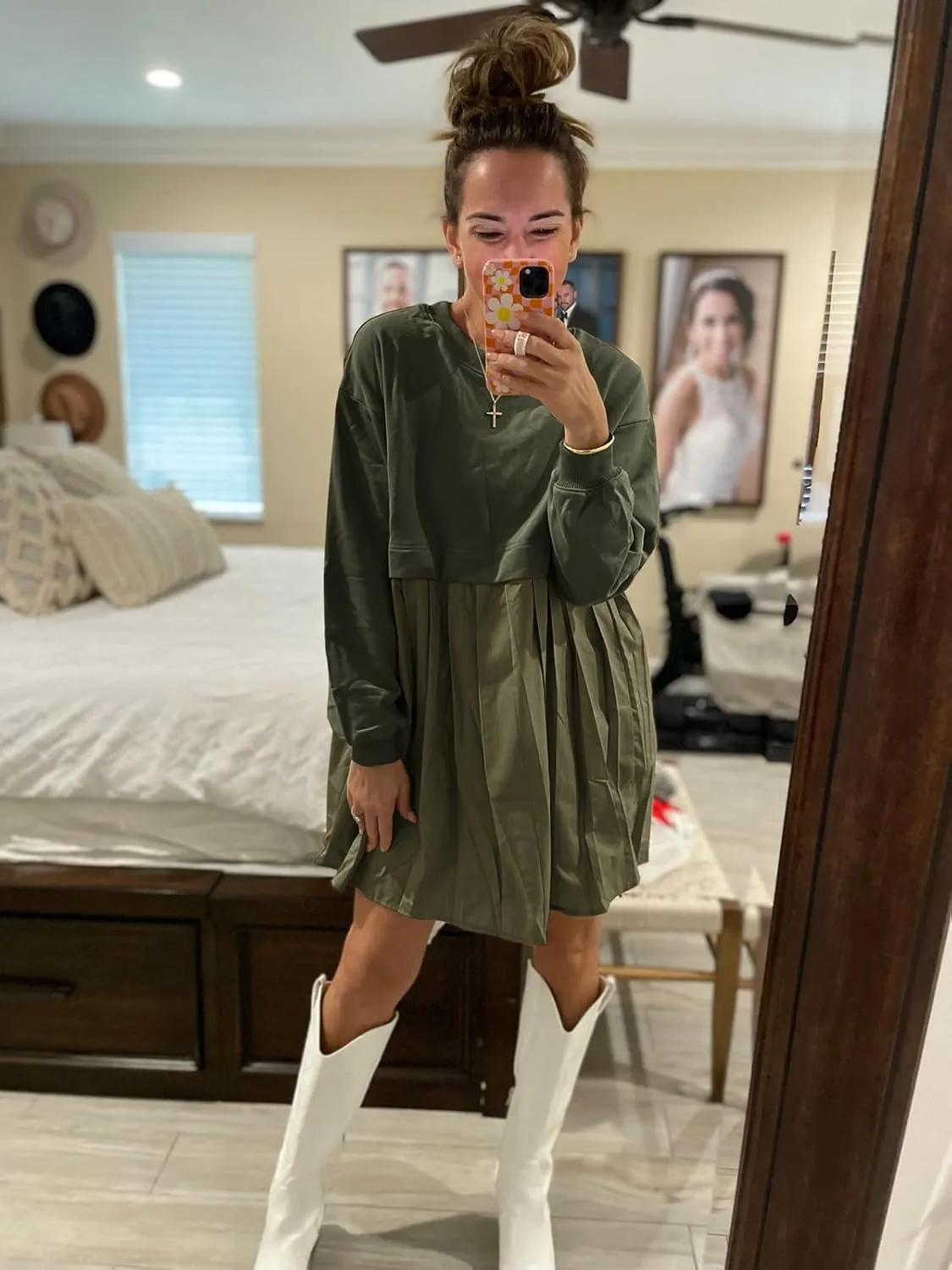 Dokuritu Sweatshirt Dress Women Crew Neck Long Sleeve Patchwork Pullover Tops Flowy Oversized Sweatshirt Mini Dress