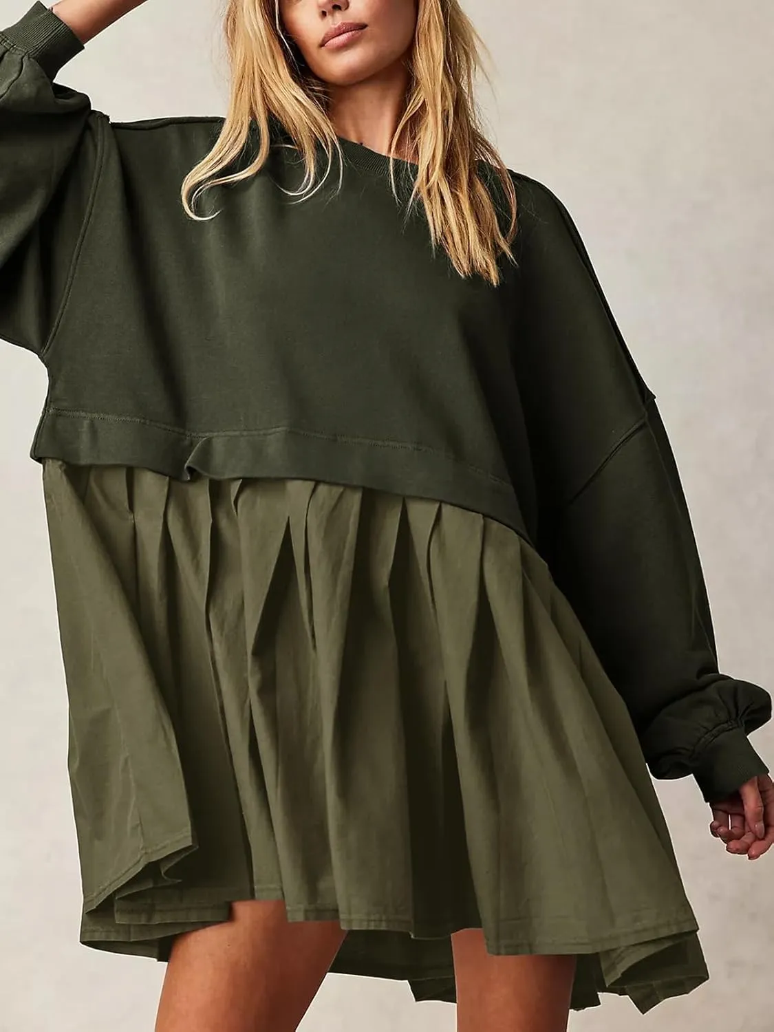Dokuritu Sweatshirt Dress Women Crew Neck Long Sleeve Patchwork Pullover Tops Flowy Oversized Sweatshirt Mini Dress