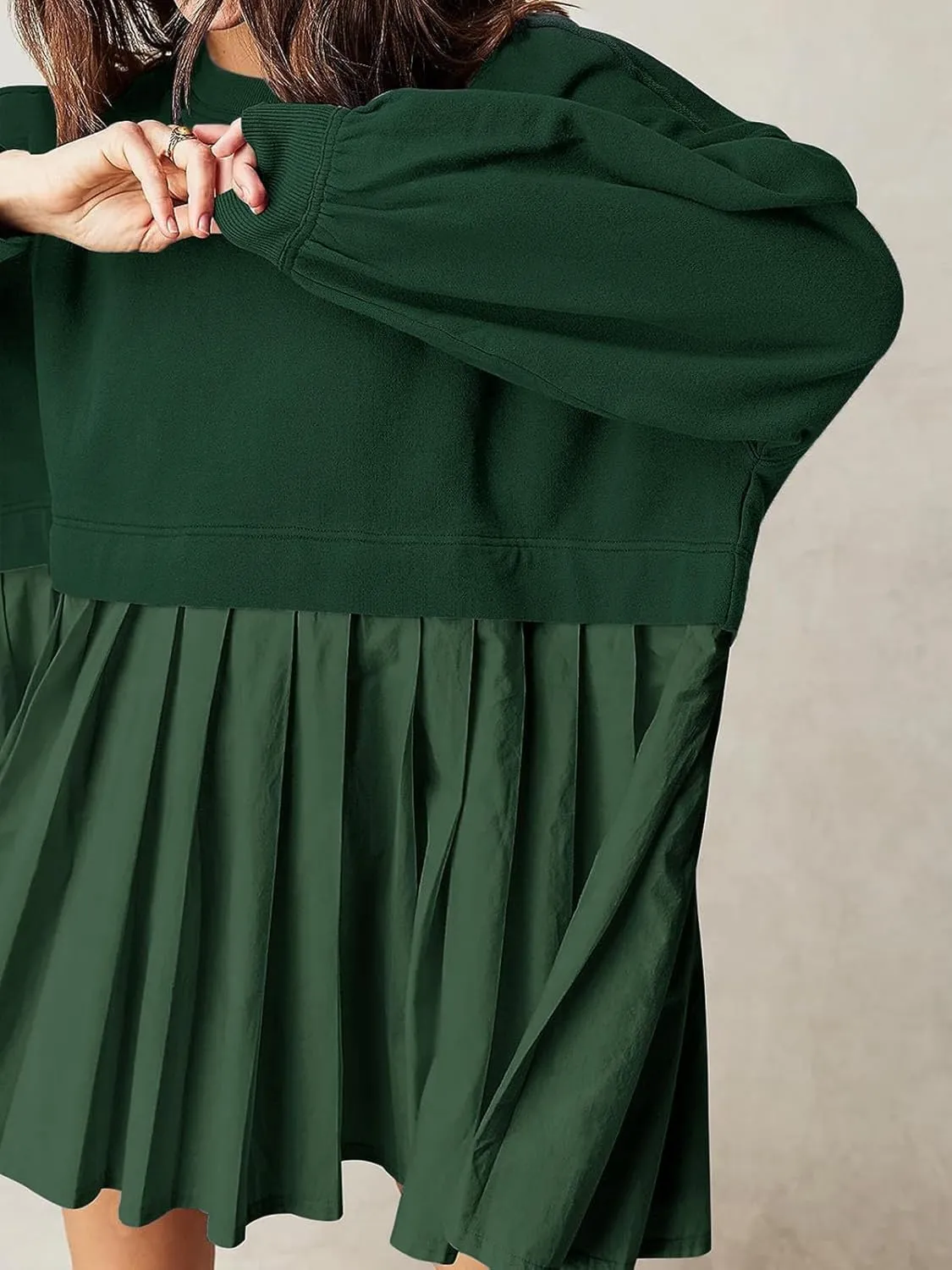 Dokuritu Sweatshirt Dress Women Crew Neck Long Sleeve Patchwork Pullover Tops Flowy Oversized Sweatshirt Mini Dress