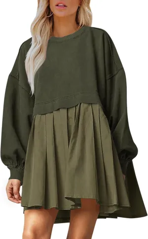 Dokuritu Sweatshirt Dress Women Crew Neck Long Sleeve Patchwork Pullover Tops Flowy Oversized Sweatshirt Mini Dress