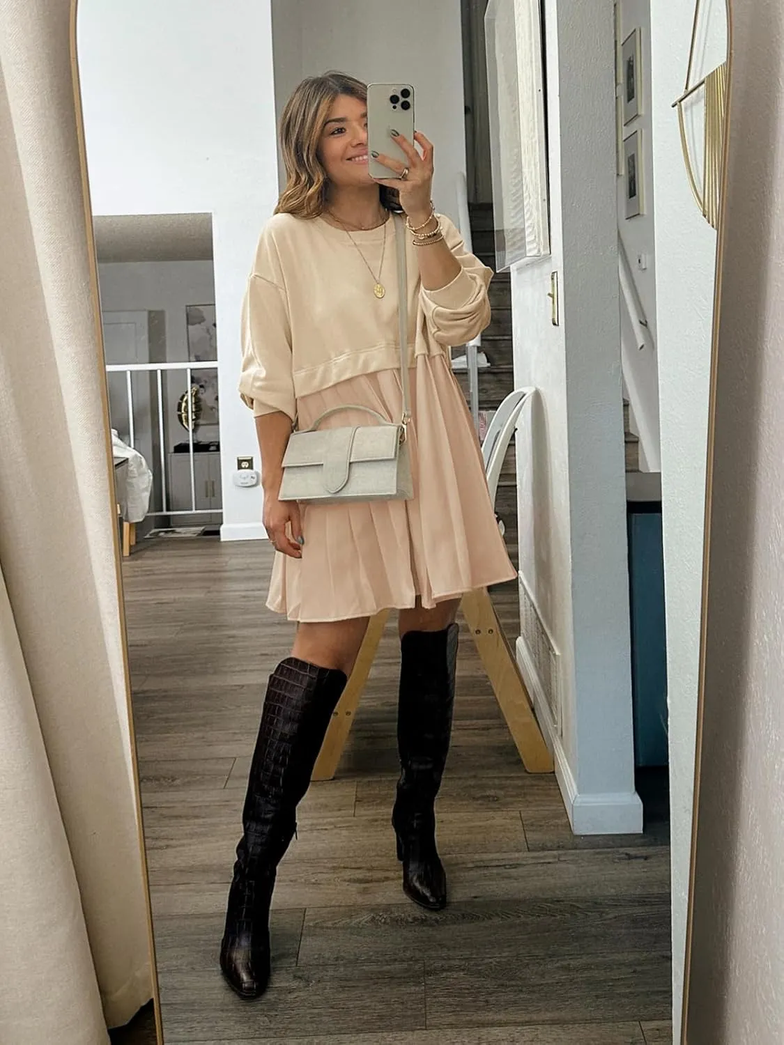 Dokuritu Sweatshirt Dress Women Crew Neck Long Sleeve Patchwork Pullover Tops Flowy Oversized Sweatshirt Mini Dress