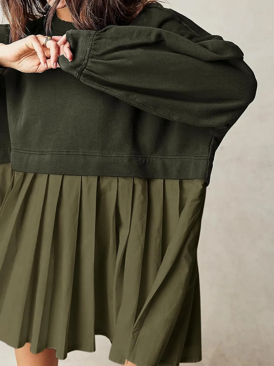 Dokuritu Sweatshirt Dress Women Crew Neck Long Sleeve Patchwork Pullover Tops Flowy Oversized Sweatshirt Mini Dress