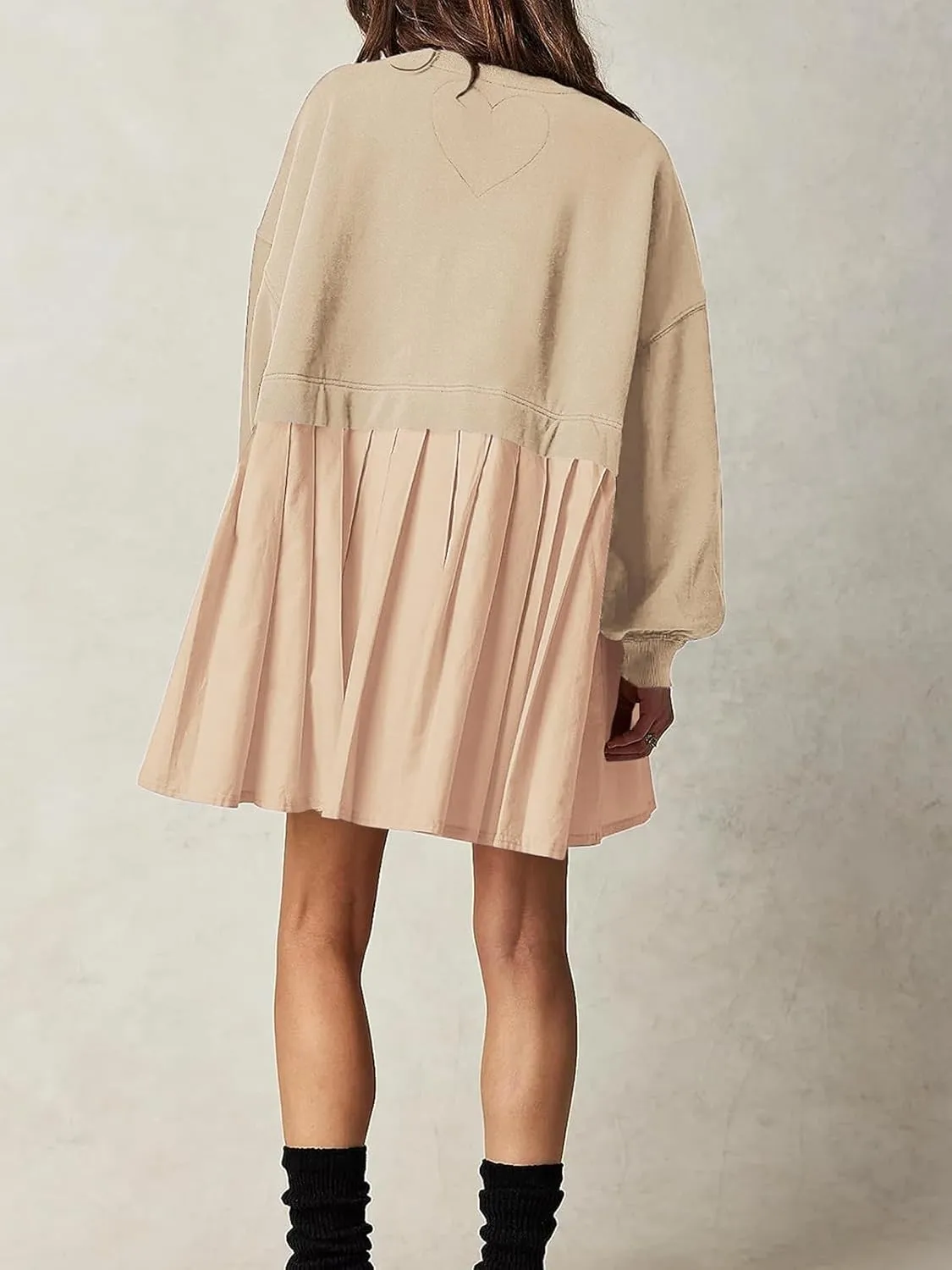 Dokuritu Sweatshirt Dress Women Crew Neck Long Sleeve Patchwork Pullover Tops Flowy Oversized Sweatshirt Mini Dress