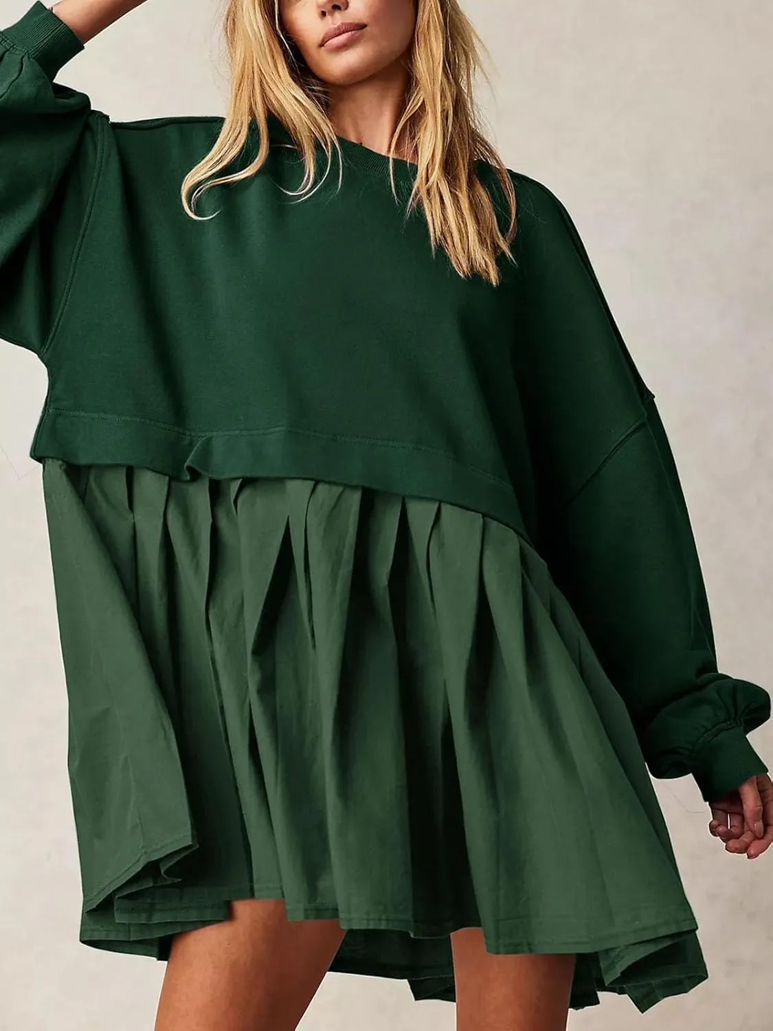 Dokuritu Sweatshirt Dress Women Crew Neck Long Sleeve Patchwork Pullover Tops Flowy Oversized Sweatshirt Mini Dress
