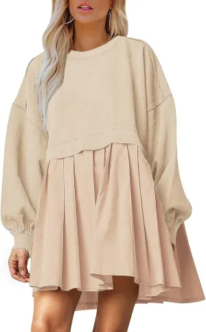 Dokuritu Sweatshirt Dress Women Crew Neck Long Sleeve Patchwork Pullover Tops Flowy Oversized Sweatshirt Mini Dress