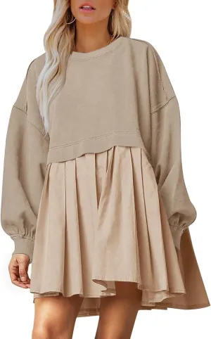 Dokuritu Sweatshirt Dress Women Crew Neck Long Sleeve Patchwork Pullover Tops Flowy Oversized Sweatshirt Mini Dress
