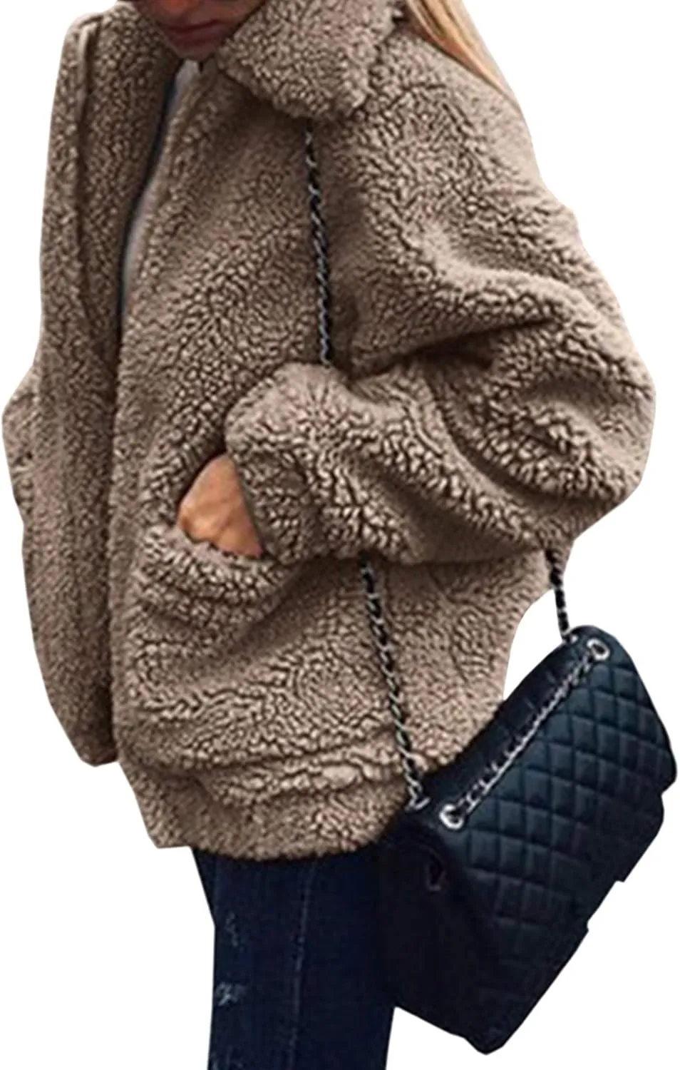 ECOWISH Women Jacket Winter Coat - 2024 Fur Fleece Long Sleeve Sherpa Faux Fuzzy Fall Teddy Fluffy Zip Lapel Outfits