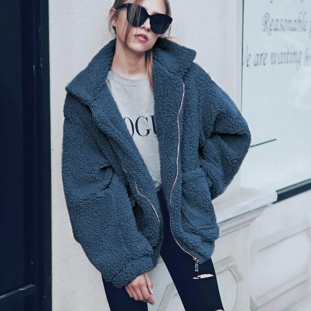 ECOWISH Women Jacket Winter Coat - 2024 Fur Fleece Long Sleeve Sherpa Faux Fuzzy Fall Teddy Fluffy Zip Lapel Outfits