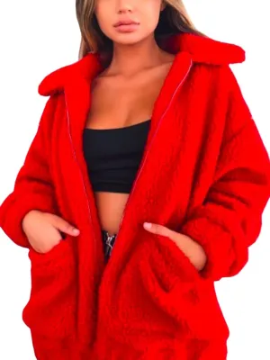 ECOWISH Women Jacket Winter Coat - 2024 Fur Fleece Long Sleeve Sherpa Faux Fuzzy Fall Teddy Fluffy Zip Lapel Outfits