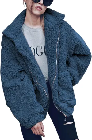 ECOWISH Women Jacket Winter Coat - 2024 Fur Fleece Long Sleeve Sherpa Faux Fuzzy Fall Teddy Fluffy Zip Lapel Outfits