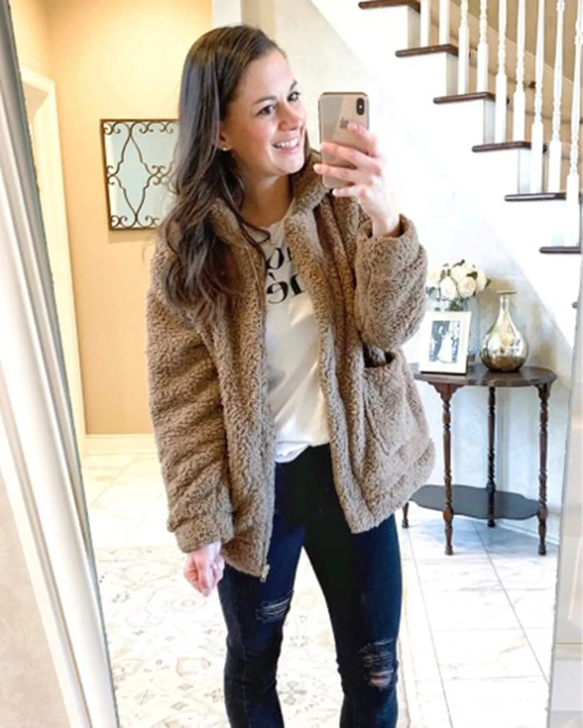 ECOWISH Women Jacket Winter Coat - 2024 Fur Fleece Long Sleeve Sherpa Faux Fuzzy Fall Teddy Fluffy Zip Lapel Outfits