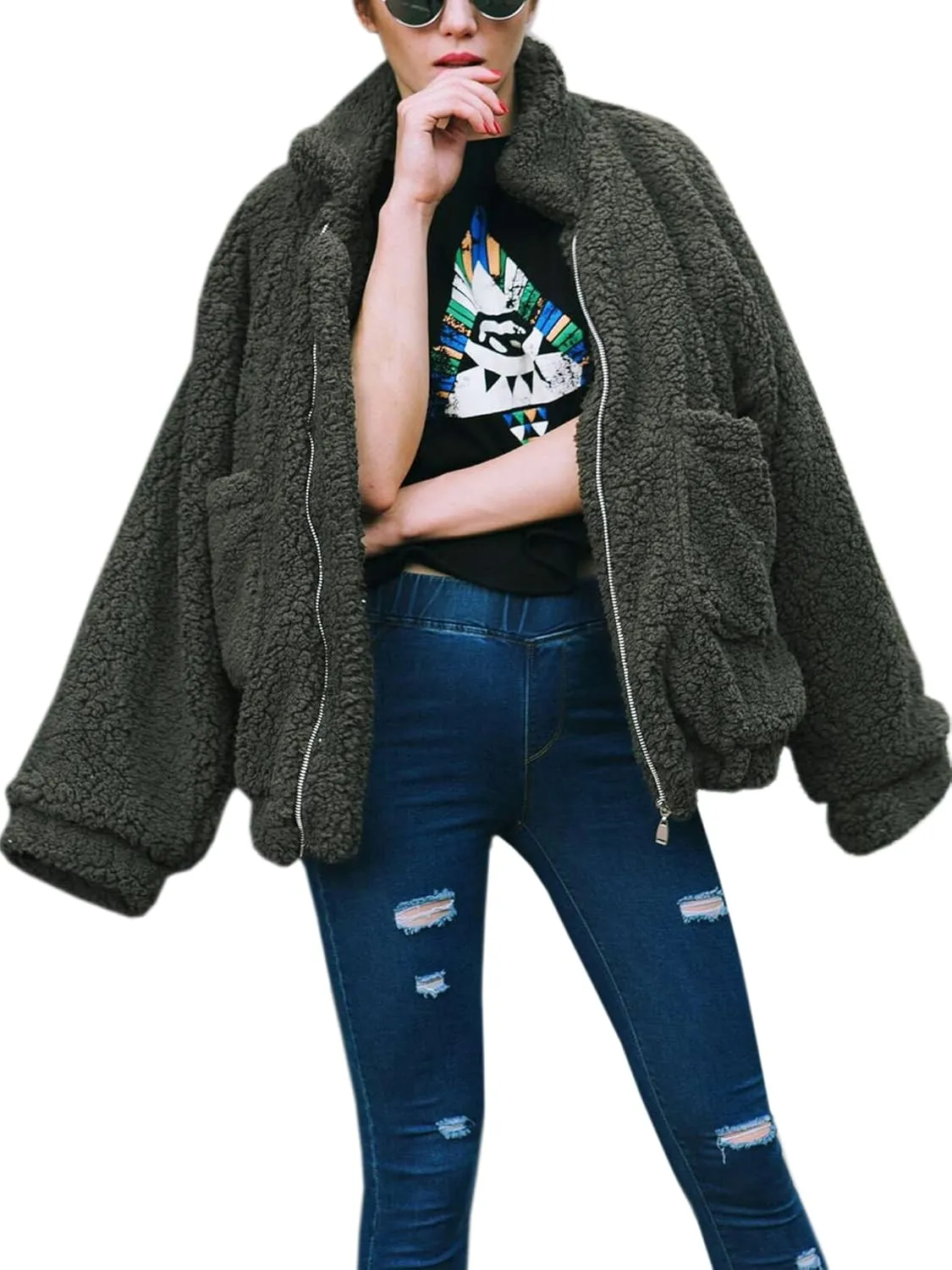 ECOWISH Women Jacket Winter Coat - 2024 Fur Fleece Long Sleeve Sherpa Faux Fuzzy Fall Teddy Fluffy Zip Lapel Outfits