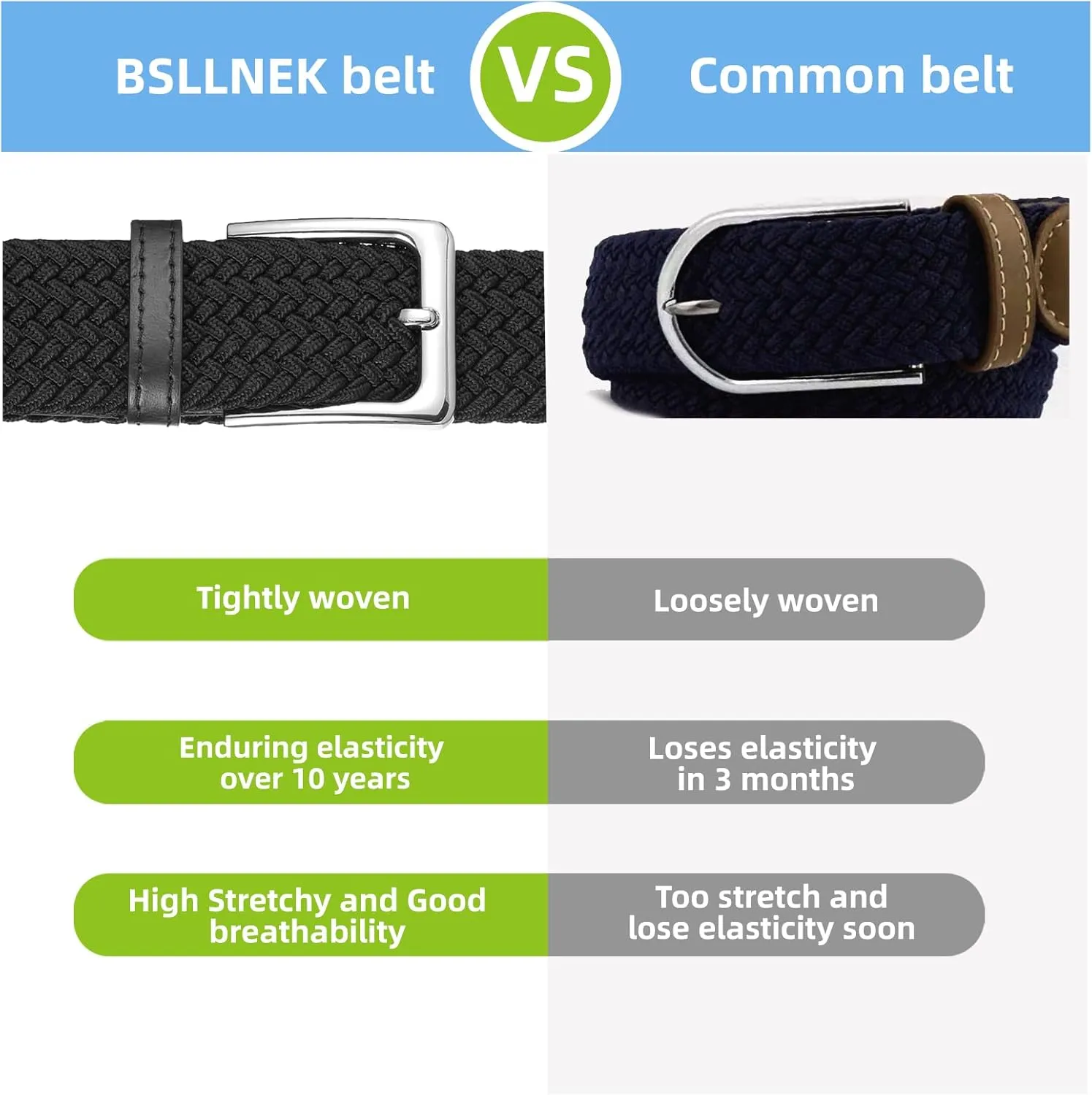 Elastic Braided Belt, 1 3/8", Woven Stretch Belt for Golf Casual Jeans Shorts Pants