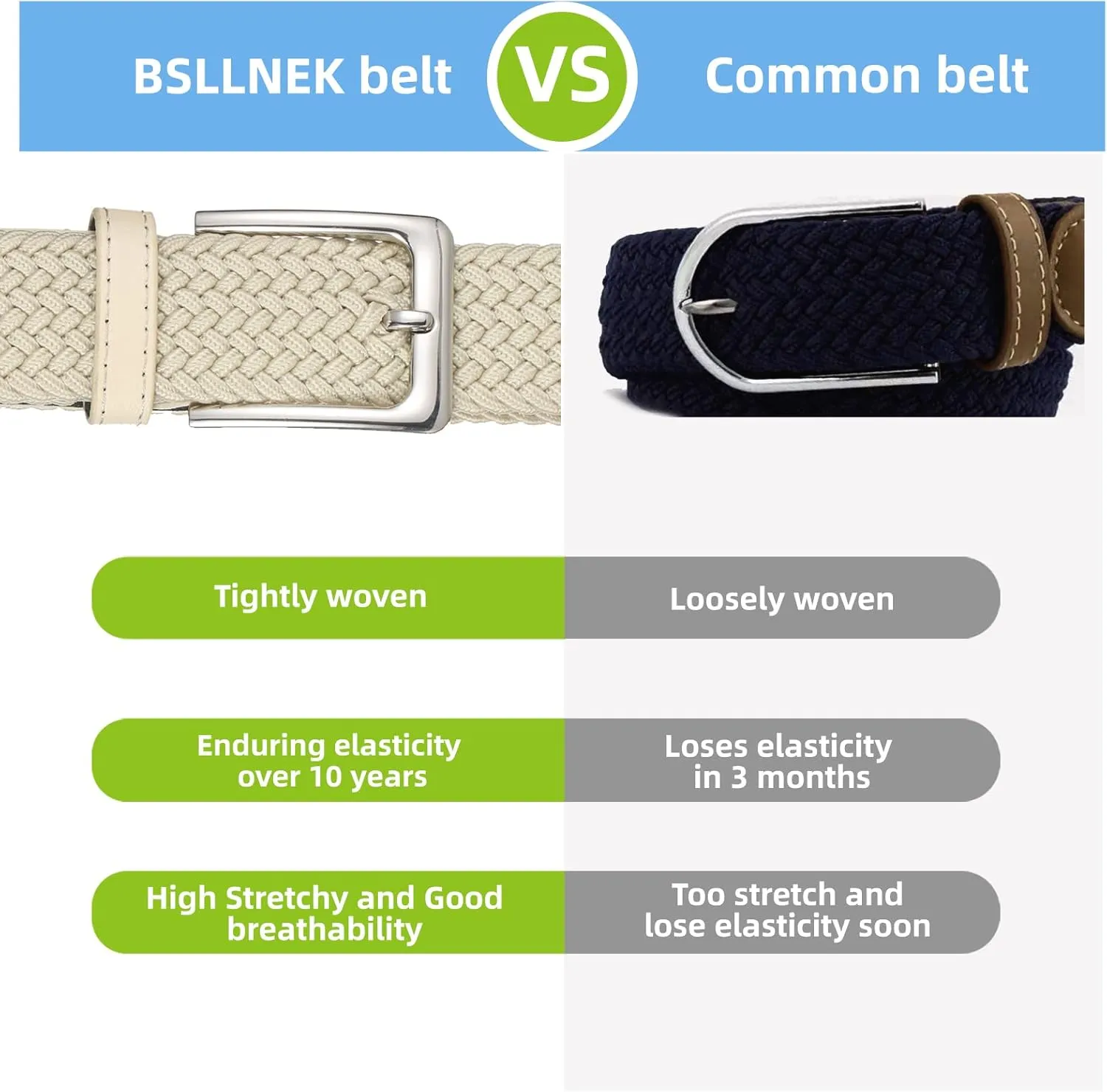 Elastic Braided Belt, 1 3/8", Woven Stretch Belt for Golf Casual Jeans Shorts Pants