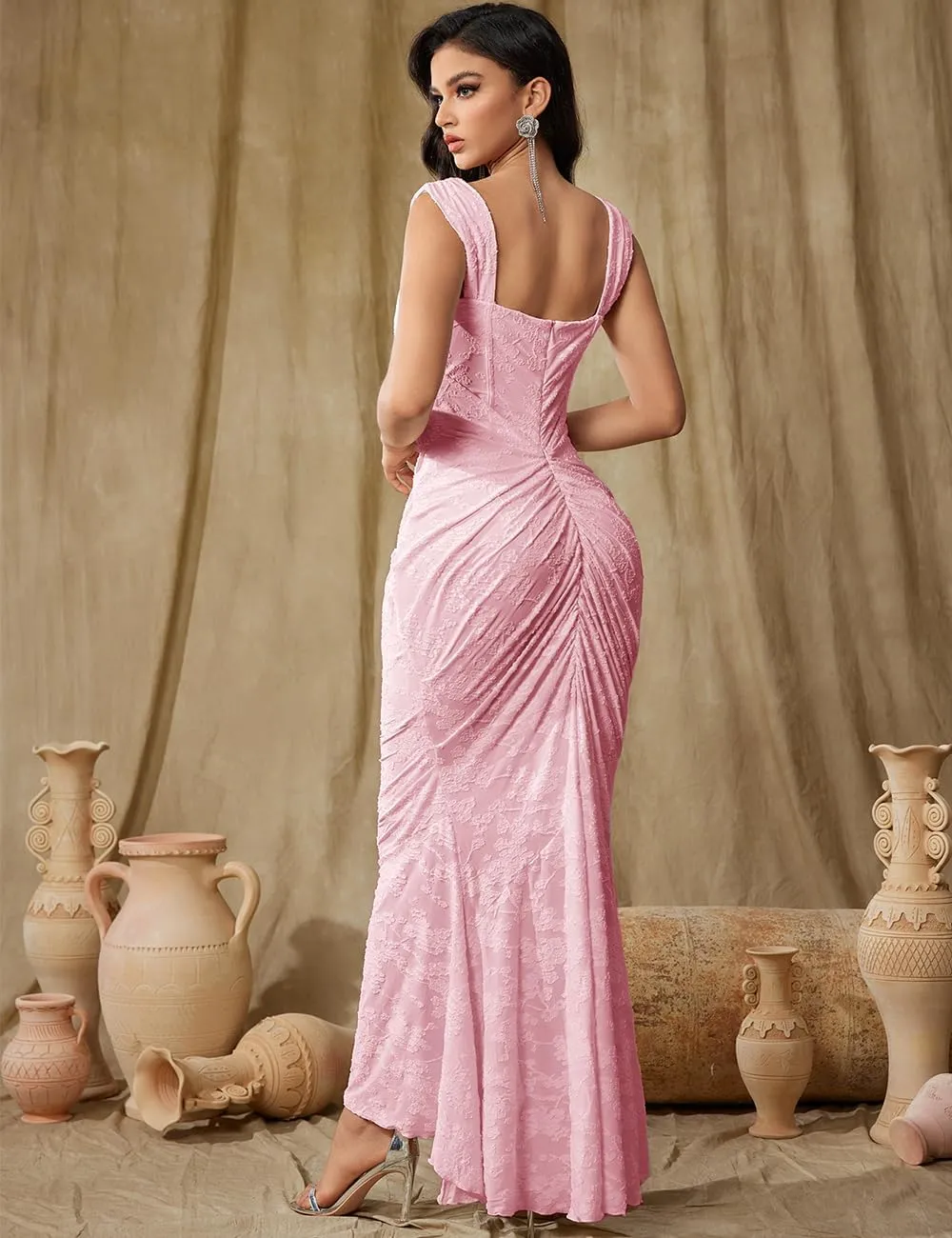 Elegant Lace Bodycon Fishtail Dress Wedding Guest Fishbone Shoulder Strap Ruched Midi Party Dress for Women
