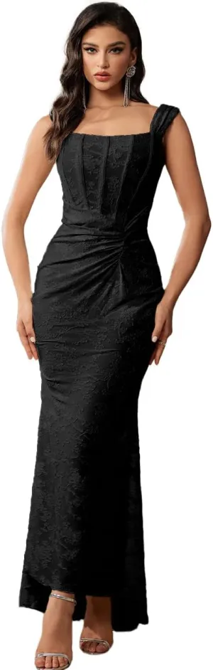 Elegant Lace Bodycon Fishtail Dress Wedding Guest Fishbone Shoulder Strap Ruched Midi Party Dress for Women