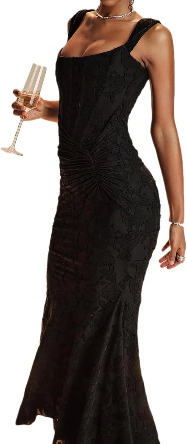 Elegant Lace Bodycon Fishtail Dress Wedding Guest Fishbone Shoulder Strap Ruched Midi Party Dress for Women