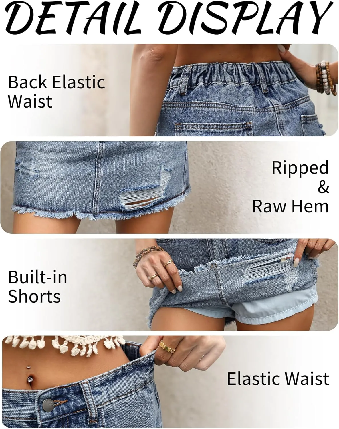 ELLEVEN Ripped Denim Mini Skort for Women,Y2k Raw Hem Jean Skort Skirts with Pockets