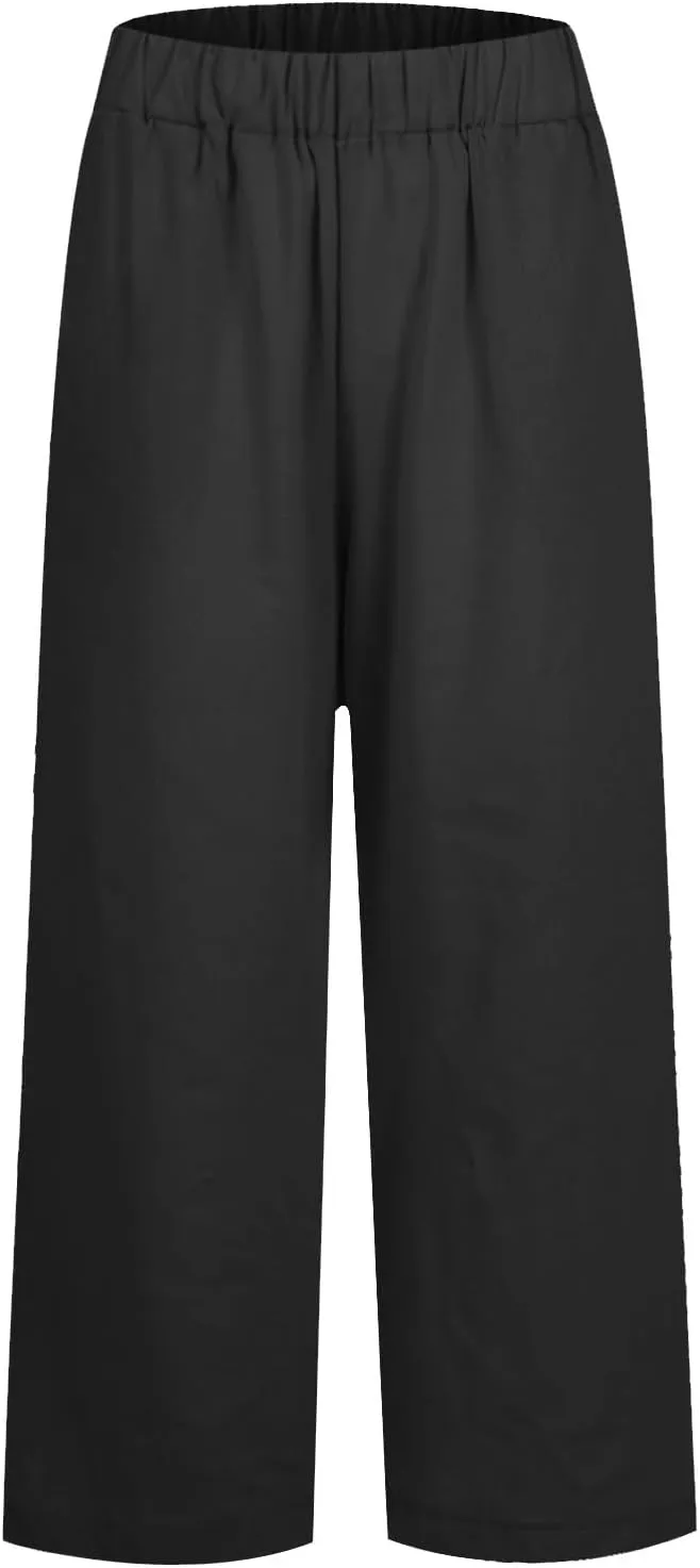 eoeioa Elastic Waisted Linen Pants Women Summer Comfy Flowy Palazzo Pants Boho Baggy Casual Pants Boho Beach Pants w/Pockets
