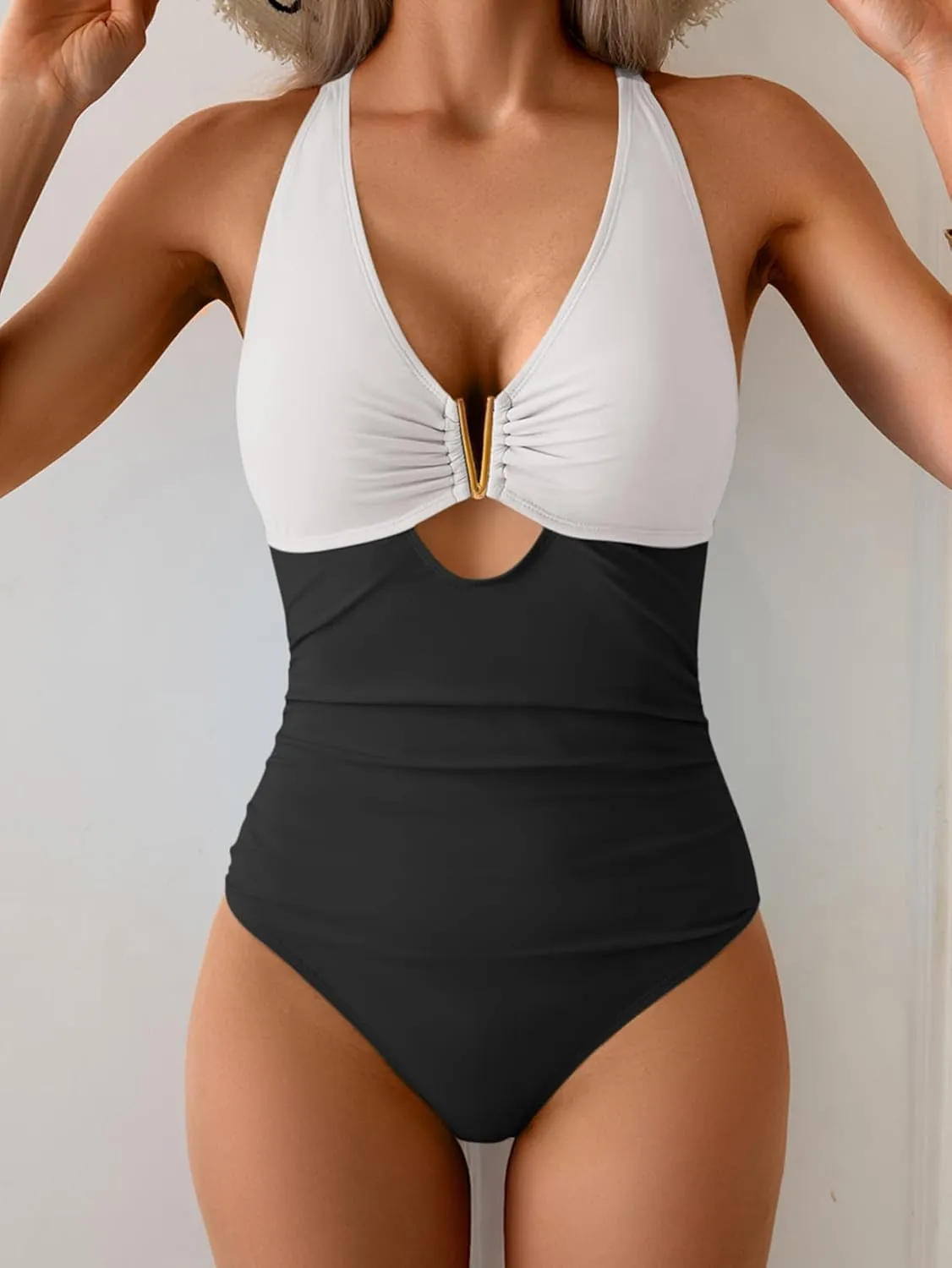 Eomenie One Piece Swimsuit for Women Tummy Control Cutout Bathing Suit V Neck Tie Back Swim Suit