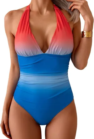 Eomenie Women's One Piece V Neck Halter Swimsuits 2025 Tummy Control Slimming Bathing Suit Push Up Color Block Swimwear