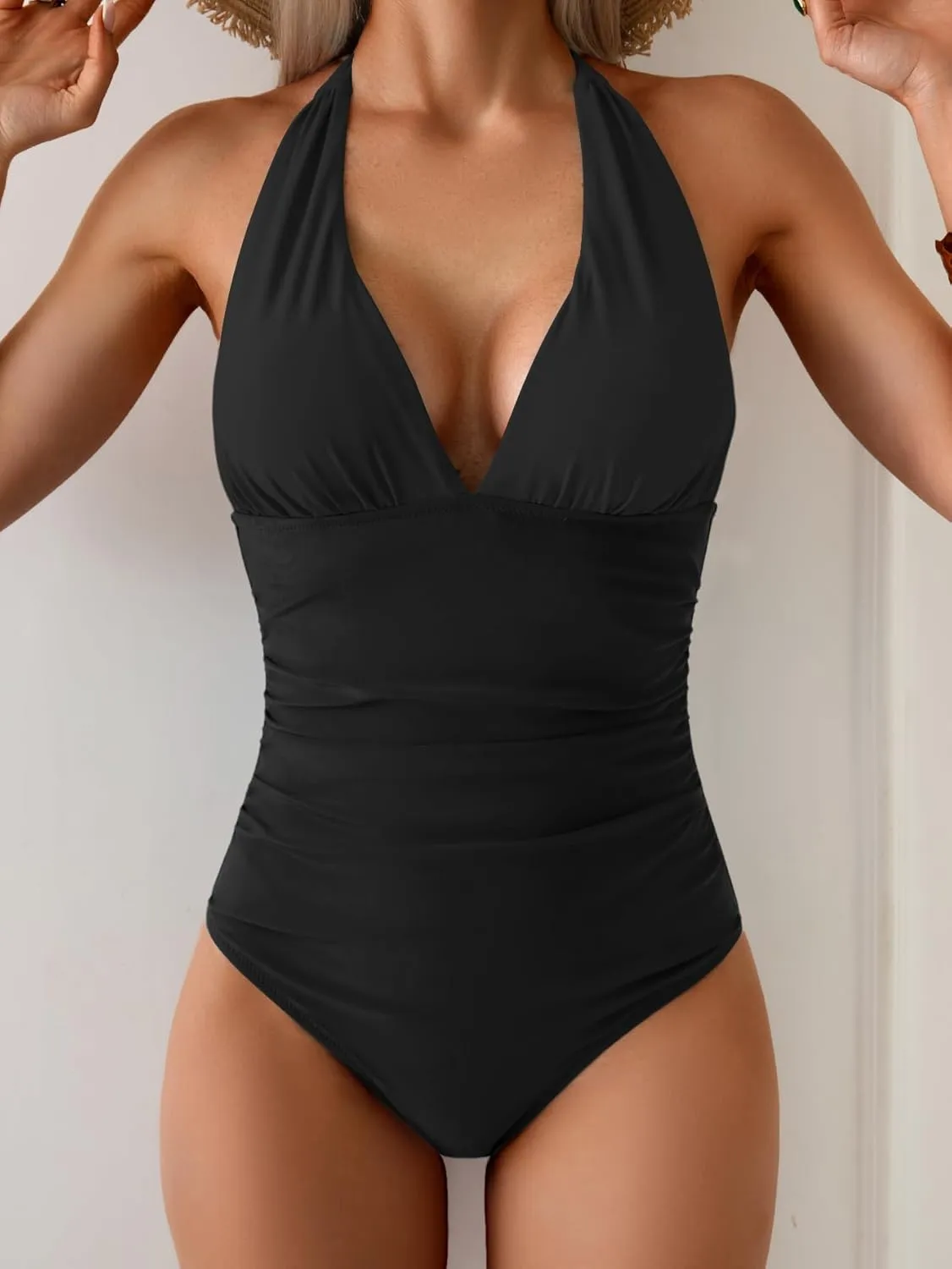 Eomenie Women's One Piece V Neck Halter Swimsuits 2025 Tummy Control Slimming Bathing Suit Push Up Color Block Swimwear