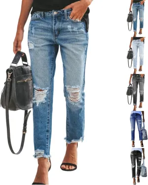 fanmpghleoo Ripped Jeans Womens Stretchy Skinny Mid Rise Distressed Jeans Frayed Hem Slim Cropped Denim Trousers with Pockets