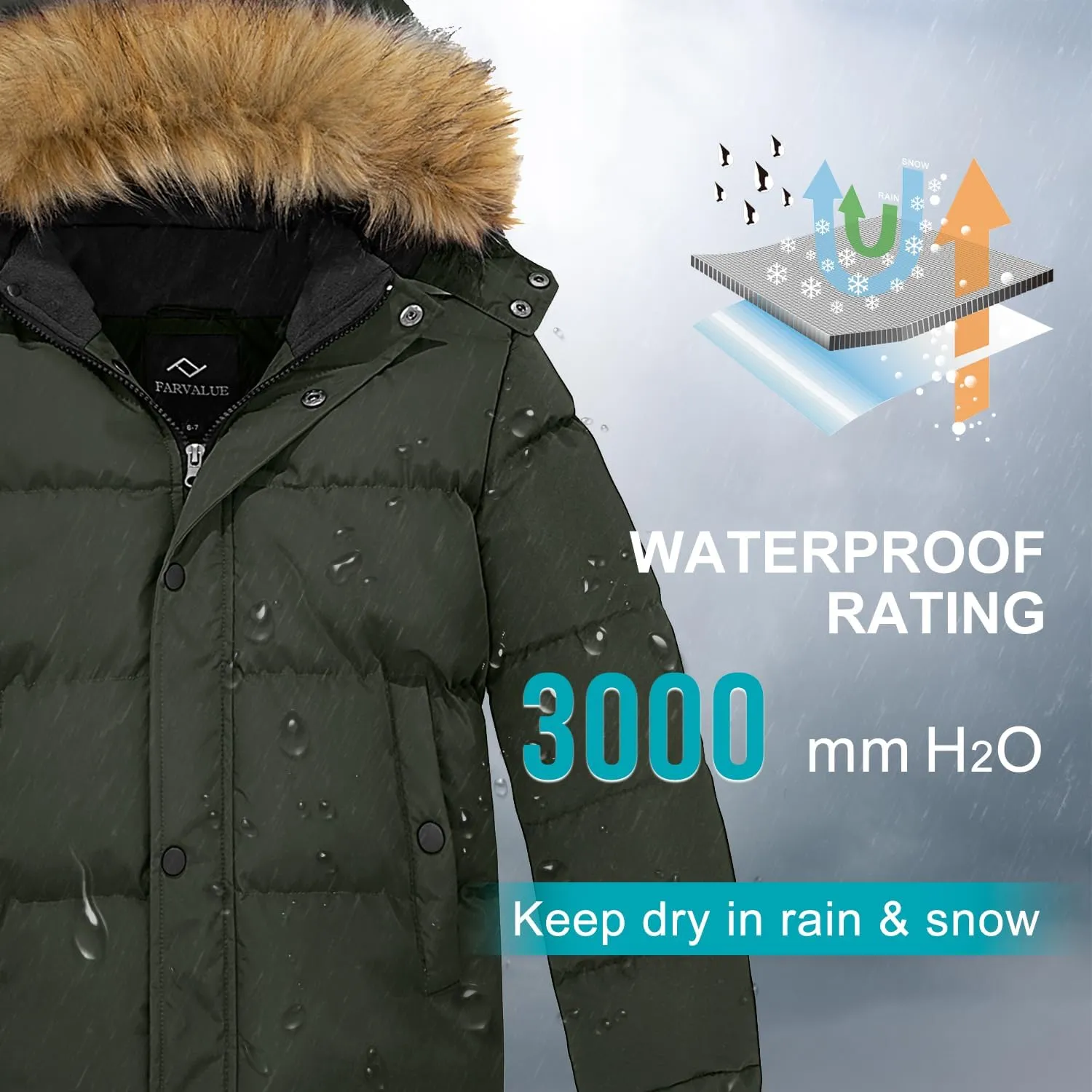 FARVALUE Boys Water Resistant Winter Coat Warm Quilted Puffer Jacket Hooded Parka Thicken Down Jacket for Boys