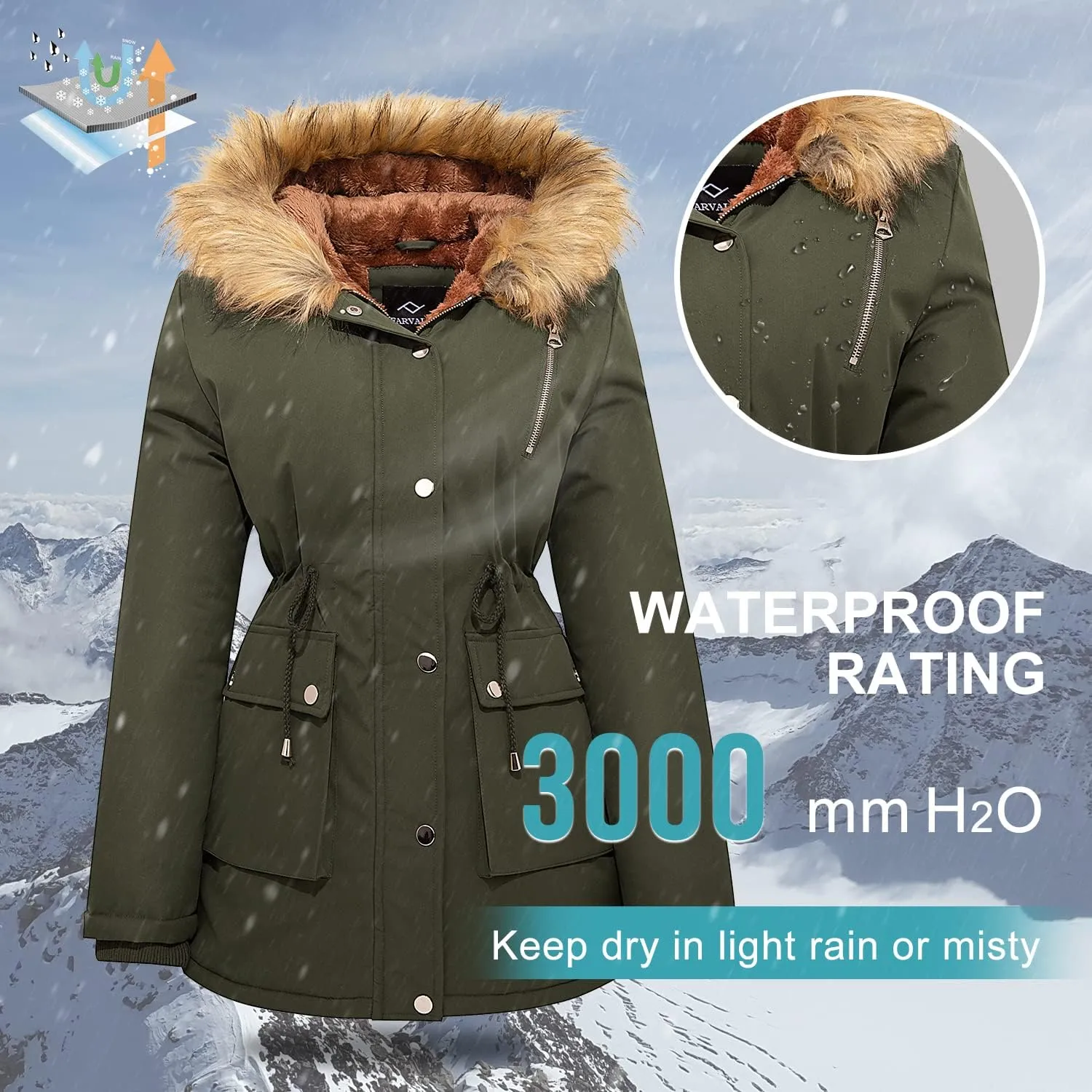 FARVALUE Womens Water-repellent Winter Coat Thicken Puffer Jacket Warm FLeece Lined Parka with Fur Hood