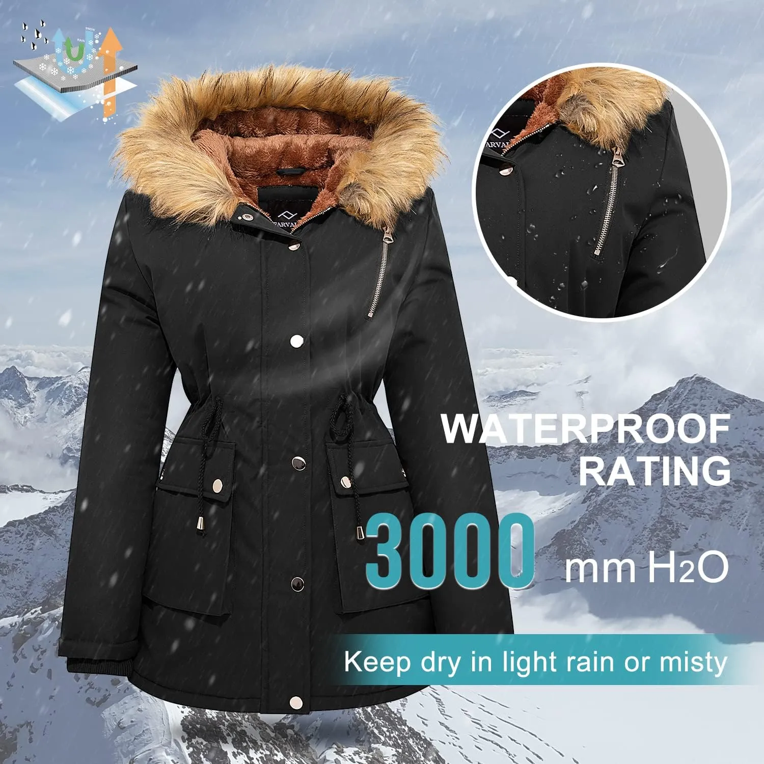 FARVALUE Womens Water-repellent Winter Coat Thicken Puffer Jacket Warm FLeece Lined Parka with Fur Hood