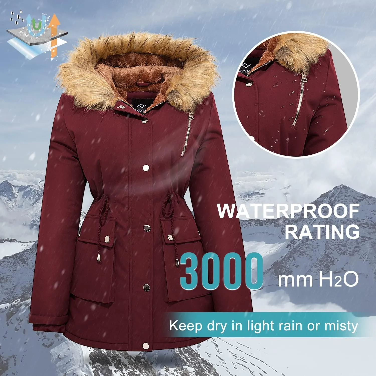 FARVALUE Womens Water-repellent Winter Coat Thicken Puffer Jacket Warm FLeece Lined Parka with Fur Hood