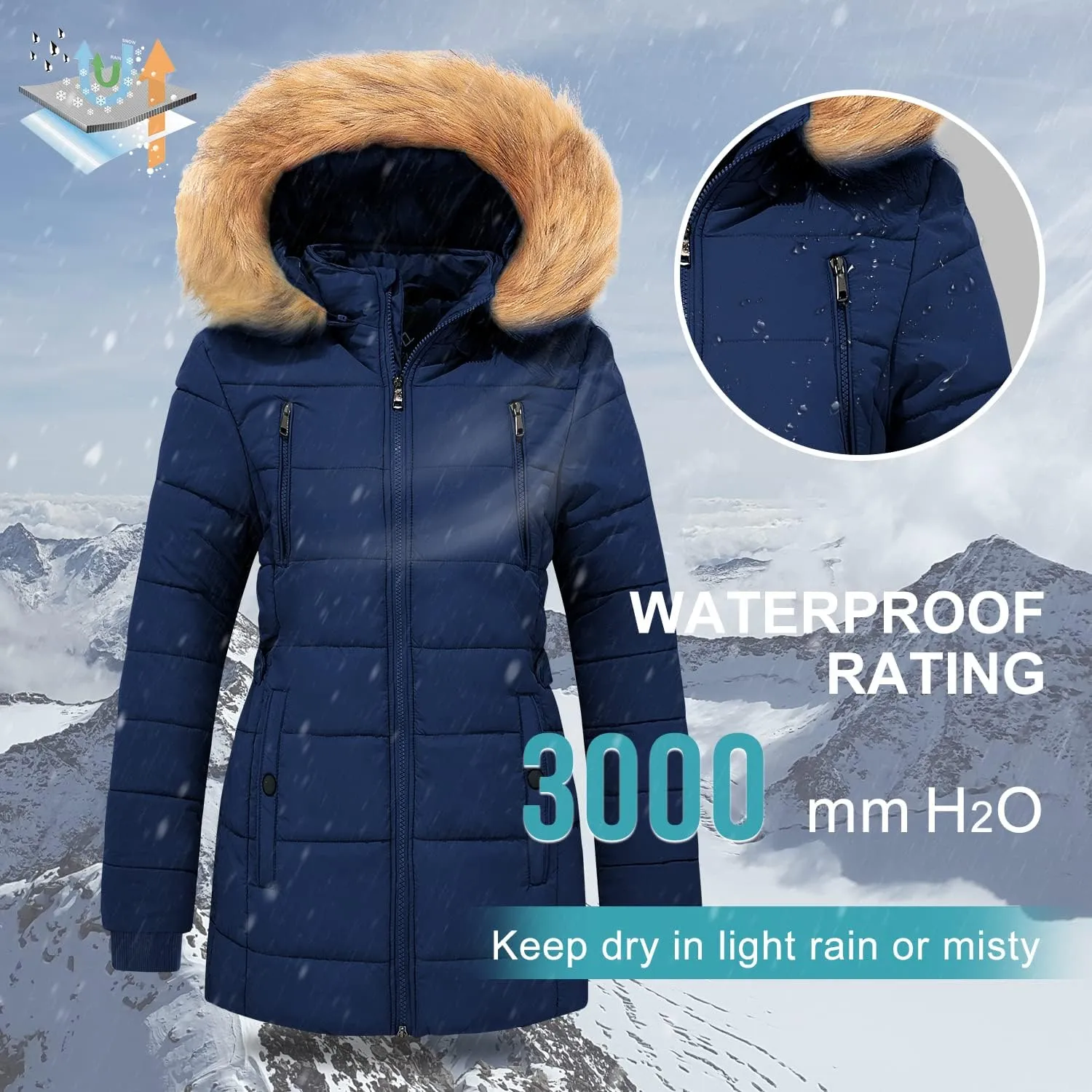 FARVALUE Womens Water Resistant Winter Coat Thicken Puffer Jacket Warm Quilted Parka Padded Windbreaker with Removable Hood