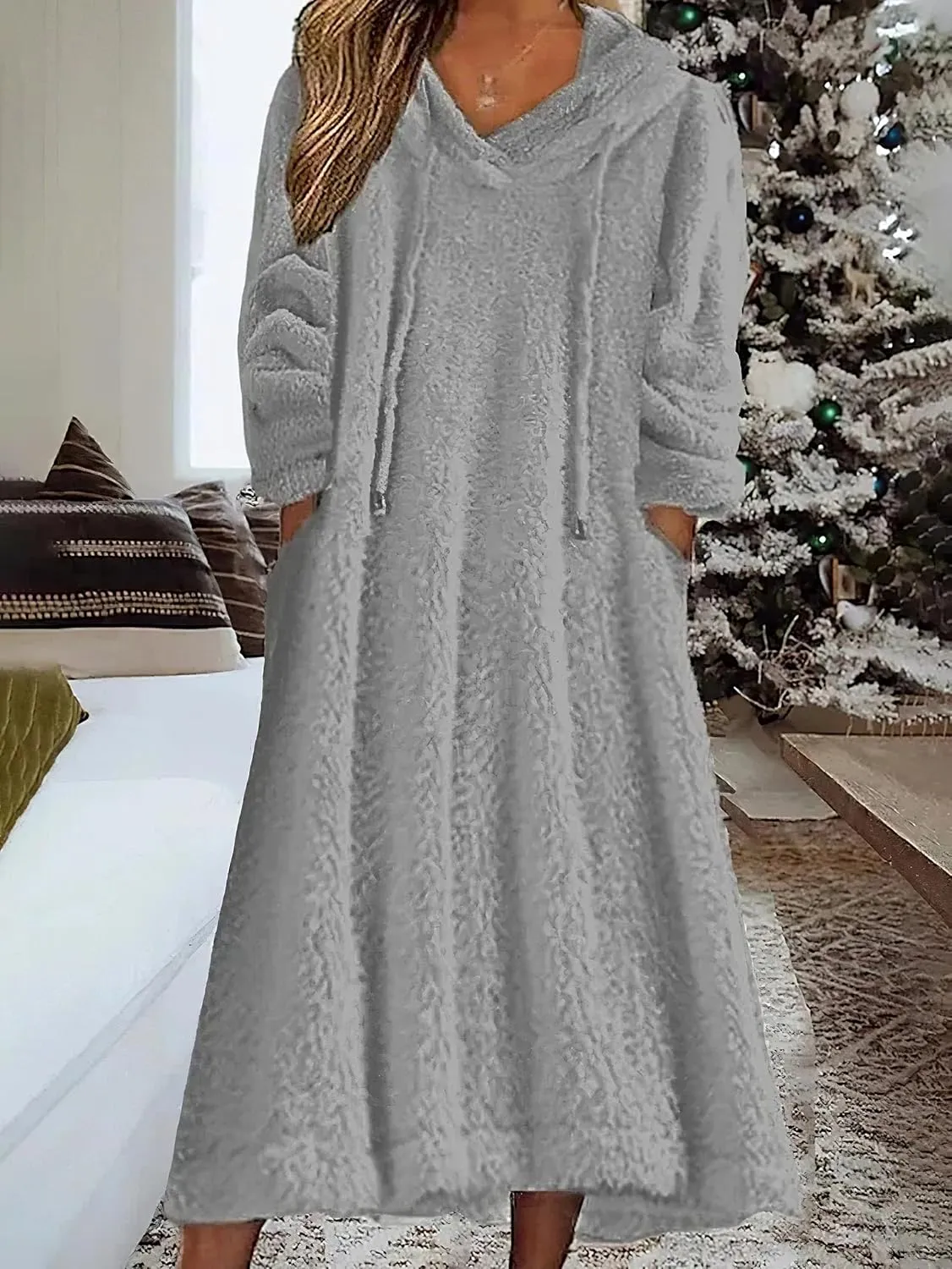 Fleece Hooded Dress for Women Plush Fuzzy Sherpa Sweatshirt Robe Fluffy Granular Oversized Nightgown Pullover Lounger