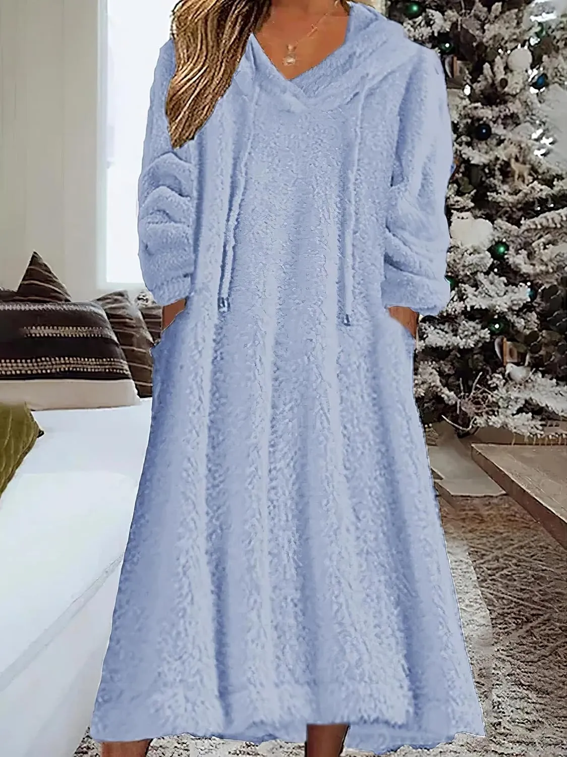 Fleece Hooded Dress for Women Plush Fuzzy Sherpa Sweatshirt Robe Fluffy Granular Oversized Nightgown Pullover Lounger