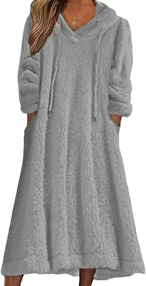 Fleece Hooded Dress for Women Plush Fuzzy Sherpa Sweatshirt Robe Fluffy Granular Oversized Nightgown Pullover Lounger