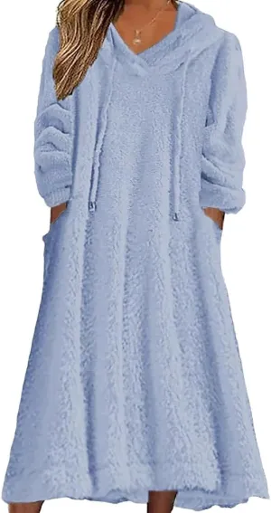 Fleece Hooded Dress for Women Plush Fuzzy Sherpa Sweatshirt Robe Fluffy Granular Oversized Nightgown Pullover Lounger