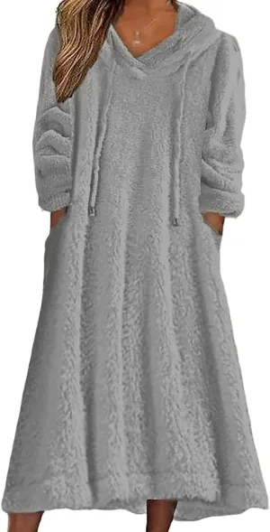 Fleece Hooded Dress for Women Plush Fuzzy Sherpa Sweatshirt Robe Fluffy Granular Oversized Nightgown Pullover Lounger