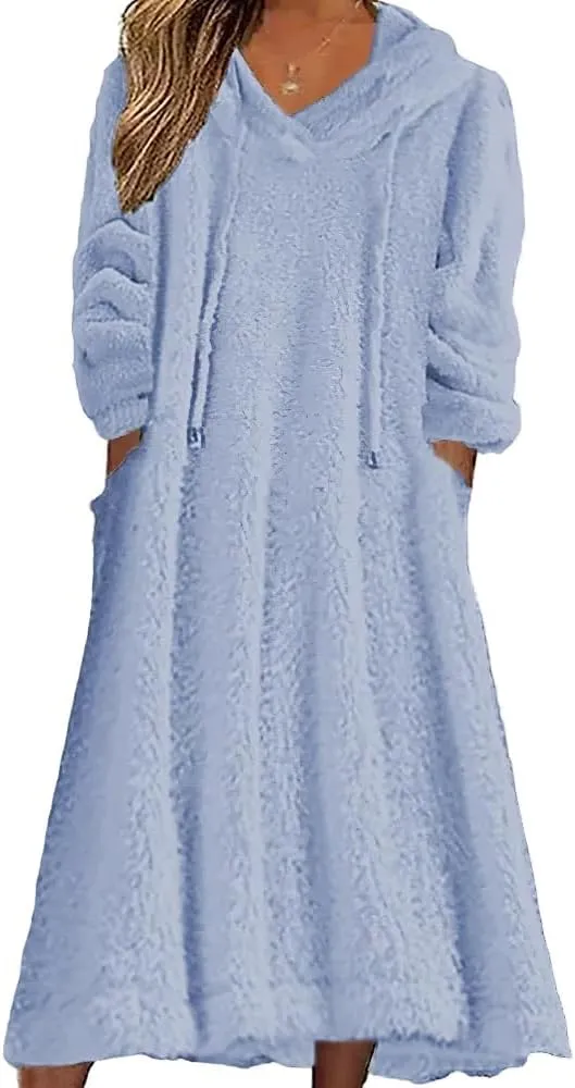 Fleece Hooded Dress for Women Plush Fuzzy Sherpa Sweatshirt Robe Fluffy Granular Oversized Nightgown Pullover Lounger