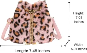 Fluffy Fuzzy Leopard Print Purse for Women Small Faux Fur Bucket Purses with Gold Chain and Pearl Details