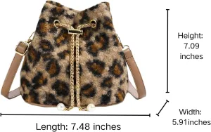 Fluffy Fuzzy Leopard Print Purse for Women Small Faux Fur Bucket Purses with Gold Chain and Pearl Details