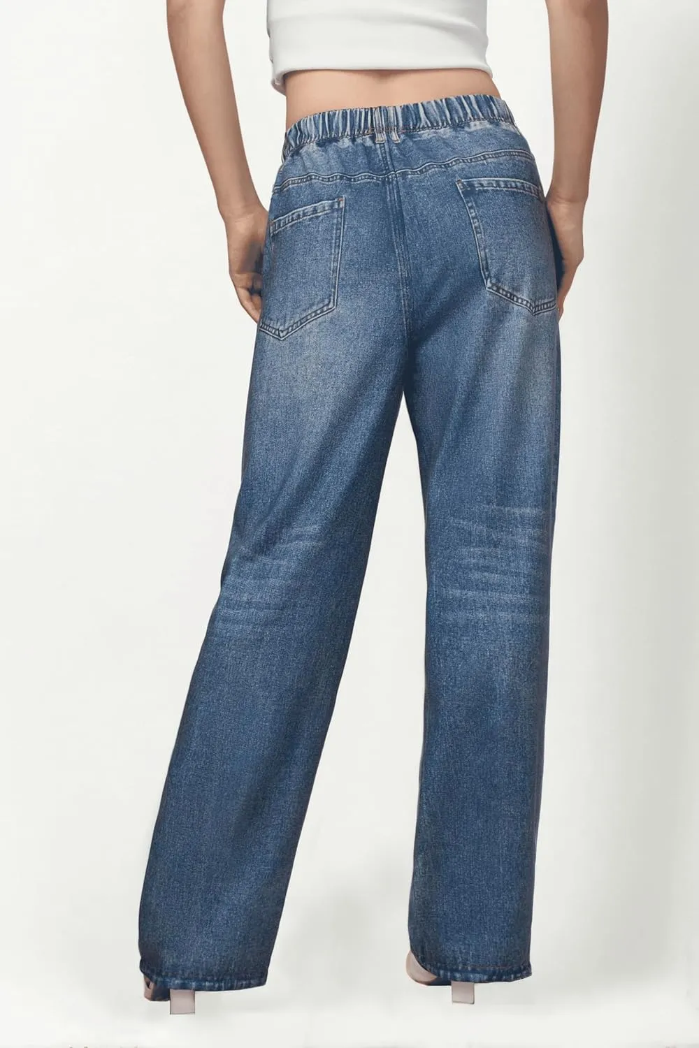 French Terry Sweatpant Jeans Denim Sweat Pants Look Like Jeans Baggy Wide Leg Stretch Pants Jeggings for Women Trendy