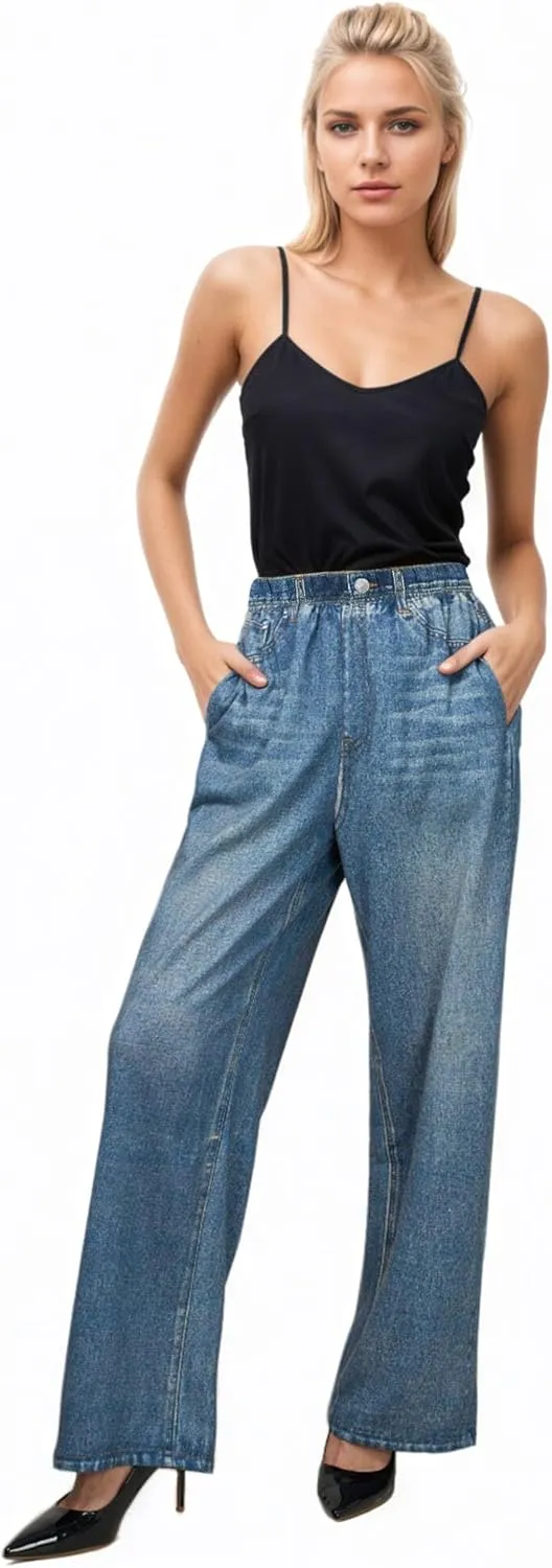 French Terry Sweatpant Jeans Denim Sweat Pants Look Like Jeans Baggy Wide Leg Stretch Pants Jeggings for Women Trendy