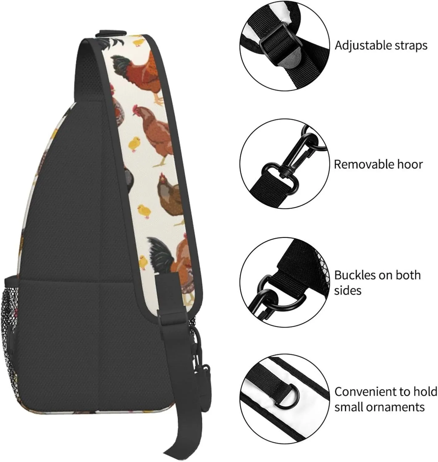 Funny Animal Print Sling Bag for Women Men Rooster Hen Chicken Domestic Animal Crossbody Chest Shoulder Bag Rustic Country Farm Animal Backpack Gym Sports Travel Hiking Daypack