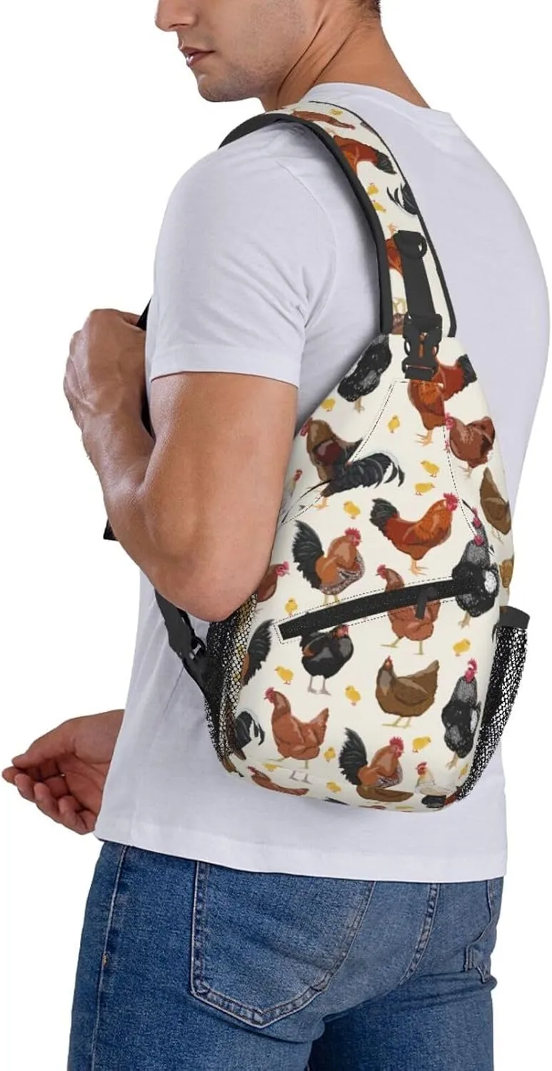 Funny Animal Print Sling Bag for Women Men Rooster Hen Chicken Domestic Animal Crossbody Chest Shoulder Bag Rustic Country Farm Animal Backpack Gym Sports Travel Hiking Daypack