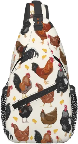 Funny Animal Print Sling Bag for Women Men Rooster Hen Chicken Domestic Animal Crossbody Chest Shoulder Bag Rustic Country Farm Animal Backpack Gym Sports Travel Hiking Daypack