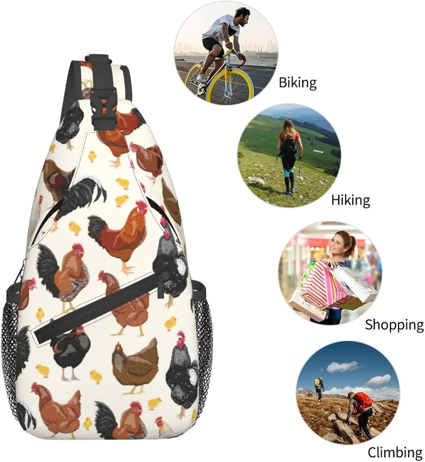 Funny Animal Print Sling Bag for Women Men Rooster Hen Chicken Domestic Animal Crossbody Chest Shoulder Bag Rustic Country Farm Animal Backpack Gym Sports Travel Hiking Daypack